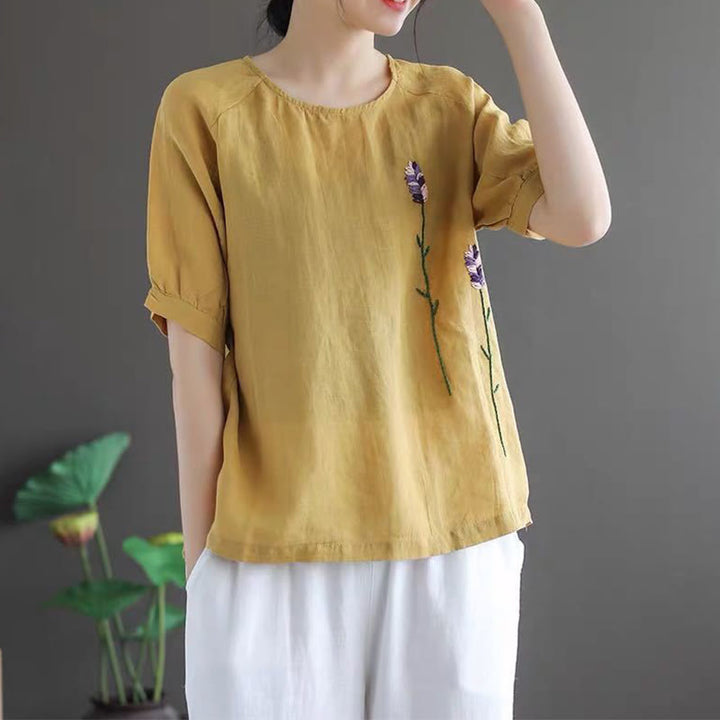Buddha Stones Sommer Vintage Besticktes Blumenmuster Damen Rundhals-Design Baumwoll-Leinen-T-Shirt - image 10