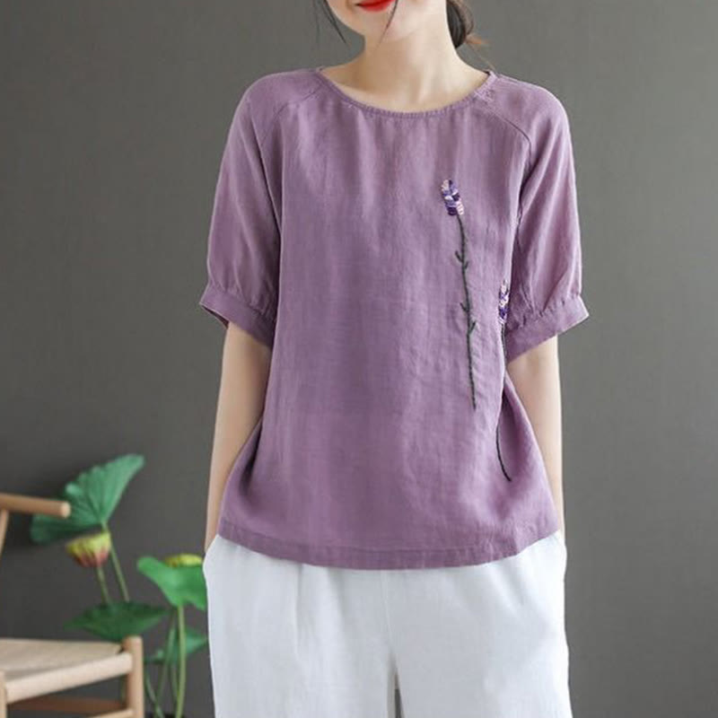 Buddha Stones Sommer Vintage Besticktes Blumenmuster Damen Rundhals-Design Baumwoll-Leinen-T-Shirt - image 1