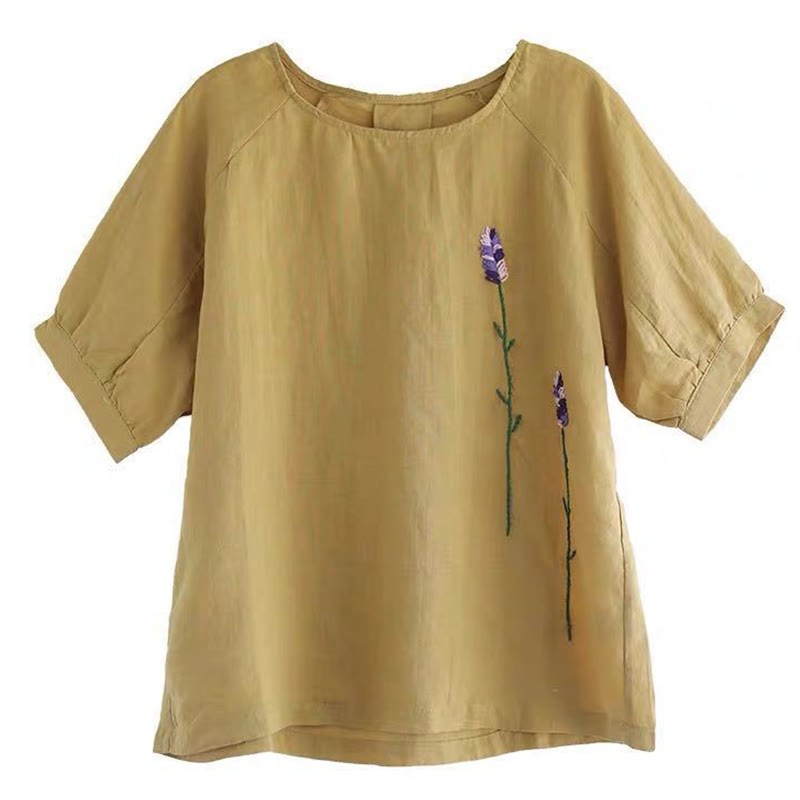 Buddha Stones Sommer Vintage Besticktes Blumenmuster Damen Rundhals-Design Baumwoll-Leinen-T-Shirt - image 12