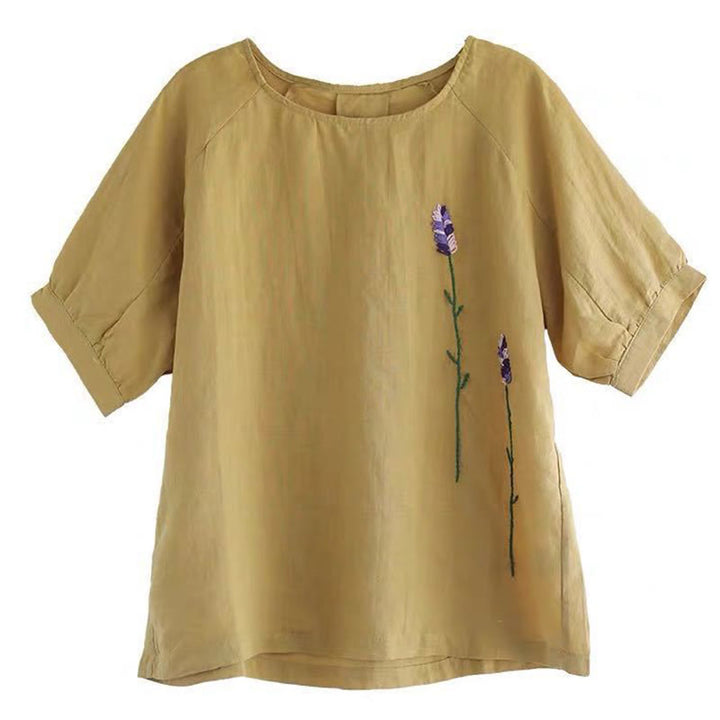 Buddha Stones Sommer Vintage Besticktes Blumenmuster Damen Rundhals-Design Baumwoll-Leinen-T-Shirt - image 12