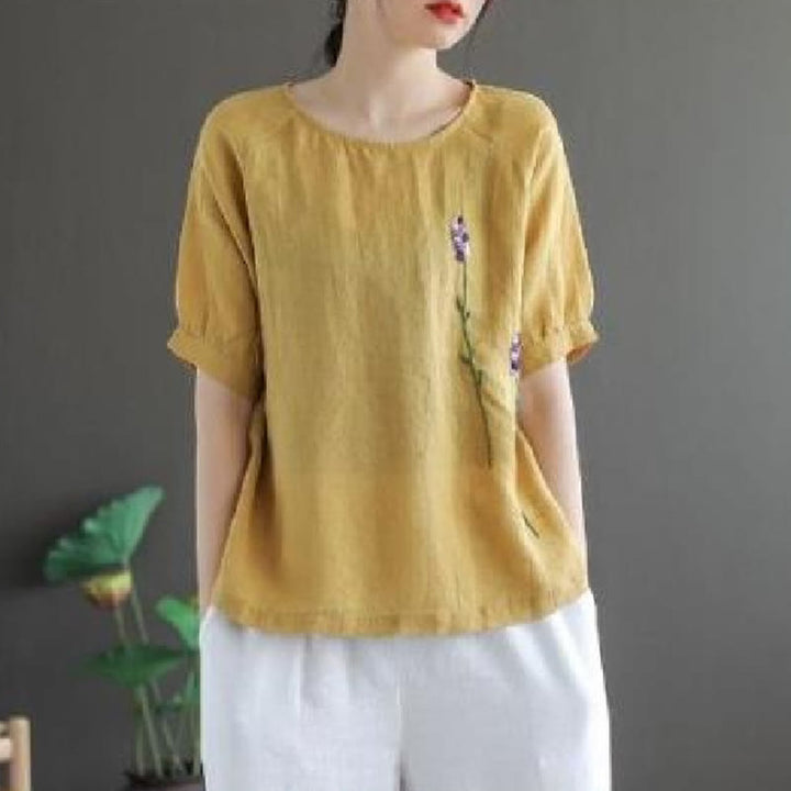 Buddha Stones Sommer Vintage Besticktes Blumenmuster Damen Rundhals-Design Baumwoll-Leinen-T-Shirt - Khaki - US8-10， UK/AU12-14，EU40-42 (2XL) - image 6
