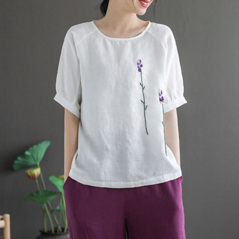 Buddha Stones Sommer Vintage Besticktes Blumenmuster Damen Rundhals-Design Baumwoll-Leinen-T-Shirt - image 15