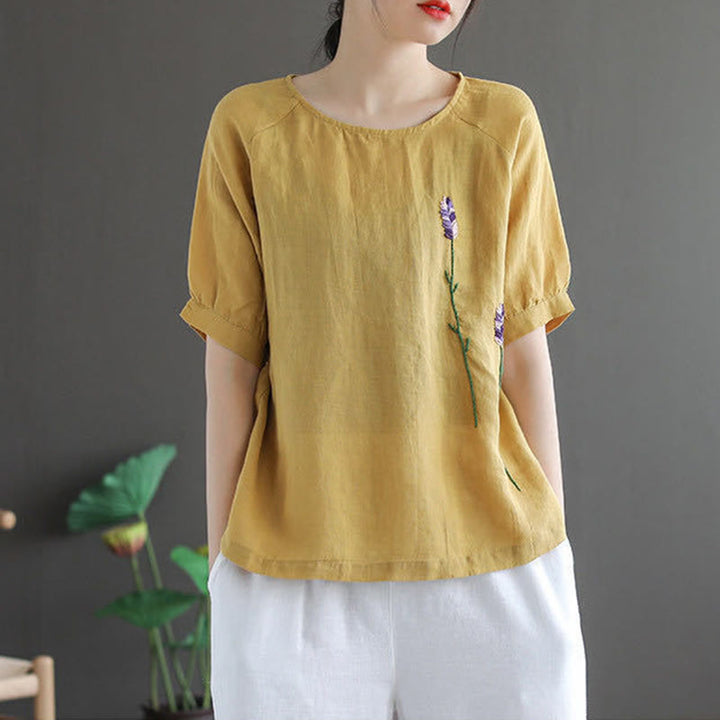 Buddha Stones Sommer Vintage Besticktes Blumenmuster Damen Rundhals-Design Baumwoll-Leinen-T-Shirt - image 8