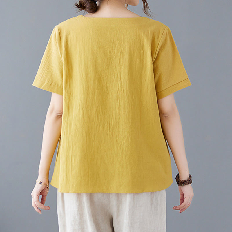 Buddha Stones Seitenschlitz-Design Damen-T-Shirt aus Baumwolle und Leinen mit Rundhalsausschnitt und kurzen Ärmeln und Tasche - image 1