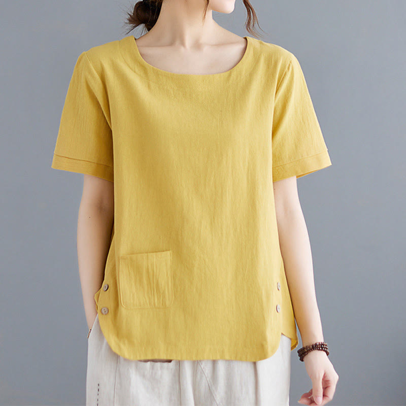 Damen-T-Shirt mit Buddha Stones -Motiv, Seitenschlitz, Rundhalsausschnitt, kurzen Ärmeln und Tasche aus Baumwoll-Polyester-Mischgewebe. - image 3