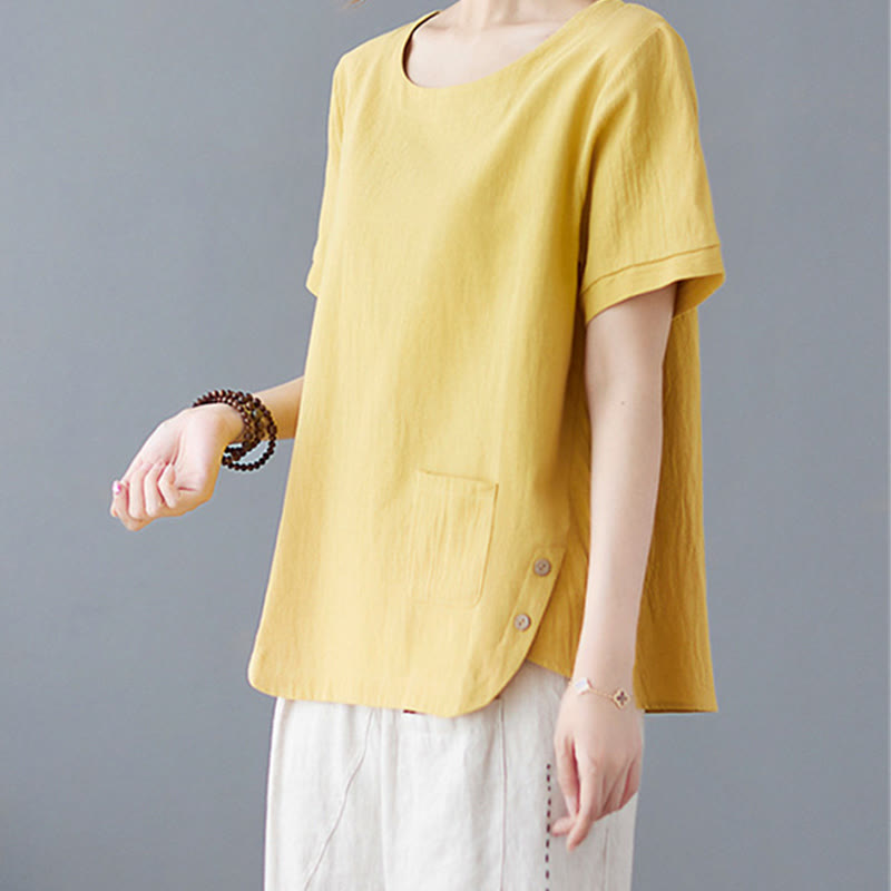 Buddha Stones Seitenschlitz-Design Damen-T-Shirt aus Baumwolle und Leinen mit Rundhalsausschnitt und kurzen Ärmeln und Tasche - image 2