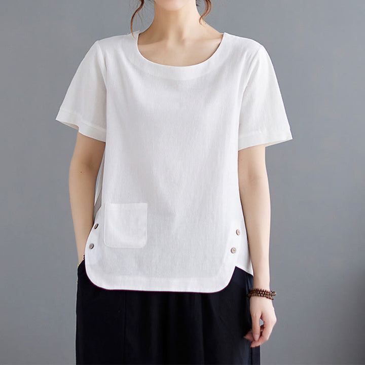 Damen-T-Shirt mit Buddha Stones -Motiv, Seitenschlitz, Rundhalsausschnitt, kurzen Ärmeln und Tasche aus Baumwoll-Polyester-Mischgewebe. - image 14