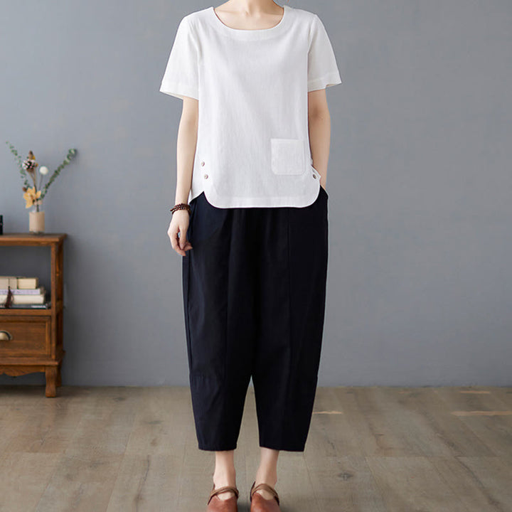 Damen-T-Shirt mit Buddha Stones -Motiv, Seitenschlitz, Rundhalsausschnitt, kurzen Ärmeln und Tasche aus Baumwoll-Polyester-Mischgewebe. - image 16