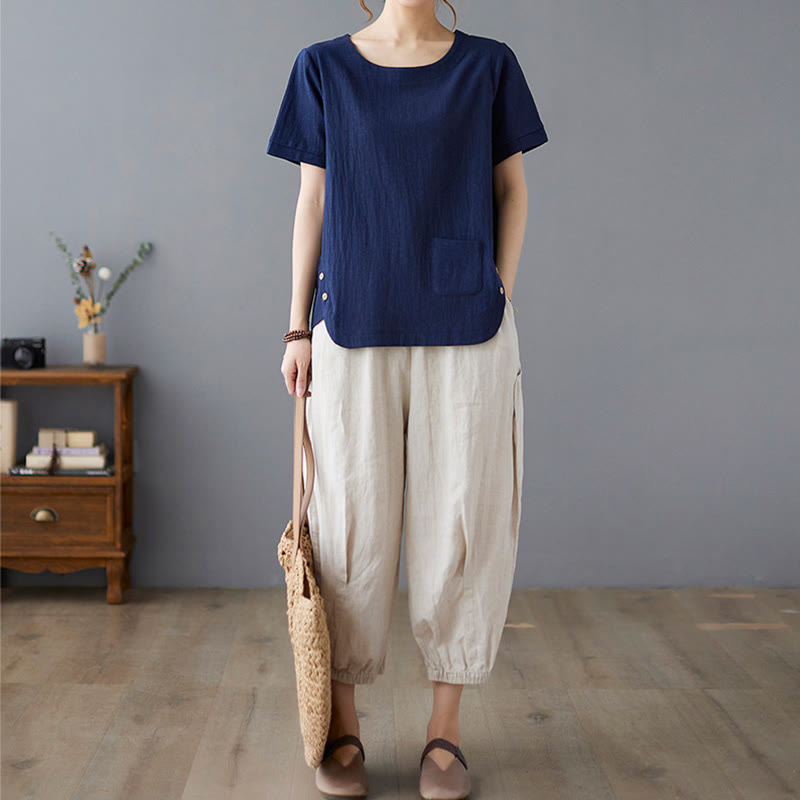 Buddha Stones Seitenschlitz-Design Damen-T-Shirt aus Baumwolle und Leinen mit Rundhalsausschnitt und kurzen Ärmeln und Tasche - image 23