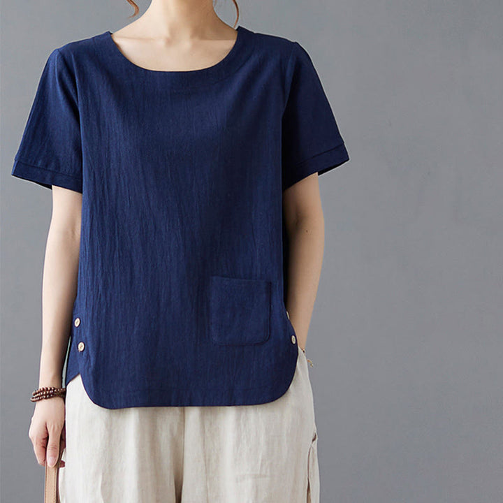 Damen-T-Shirt mit Buddha Stones -Motiv, Seitenschlitz, Rundhalsausschnitt, kurzen Ärmeln und Tasche aus Baumwoll-Polyester-Mischgewebe. - image 22