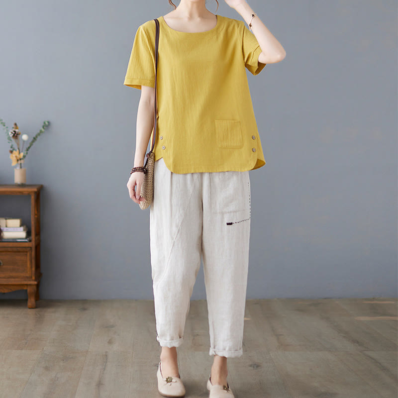 Damen-T-Shirt mit Buddha Stones -Motiv, Seitenschlitz, Rundhalsausschnitt, kurzen Ärmeln und Tasche aus Baumwoll-Polyester-Mischgewebe. - image 7