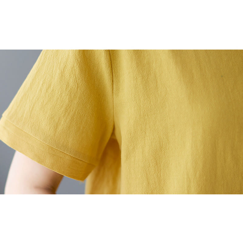 Buddha Stones Seitenschlitz-Design Damen-T-Shirt aus Baumwolle und Leinen mit Rundhalsausschnitt und kurzen Ärmeln und Tasche - image 10