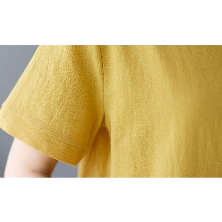 Buddha Stones Seitenschlitz-Design Damen-T-Shirt aus Baumwolle und Leinen mit Rundhalsausschnitt und kurzen Ärmeln und Tasche - image 10