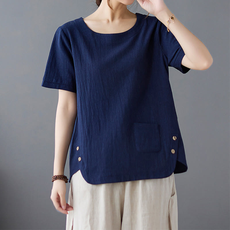 Buddha Stones Seitenschlitz-Design Damen-T-Shirt aus Baumwolle und Leinen mit Rundhalsausschnitt und kurzen Ärmeln und Tasche - Marine - US14， UK/AU18，EU46 (4XL) - image 19