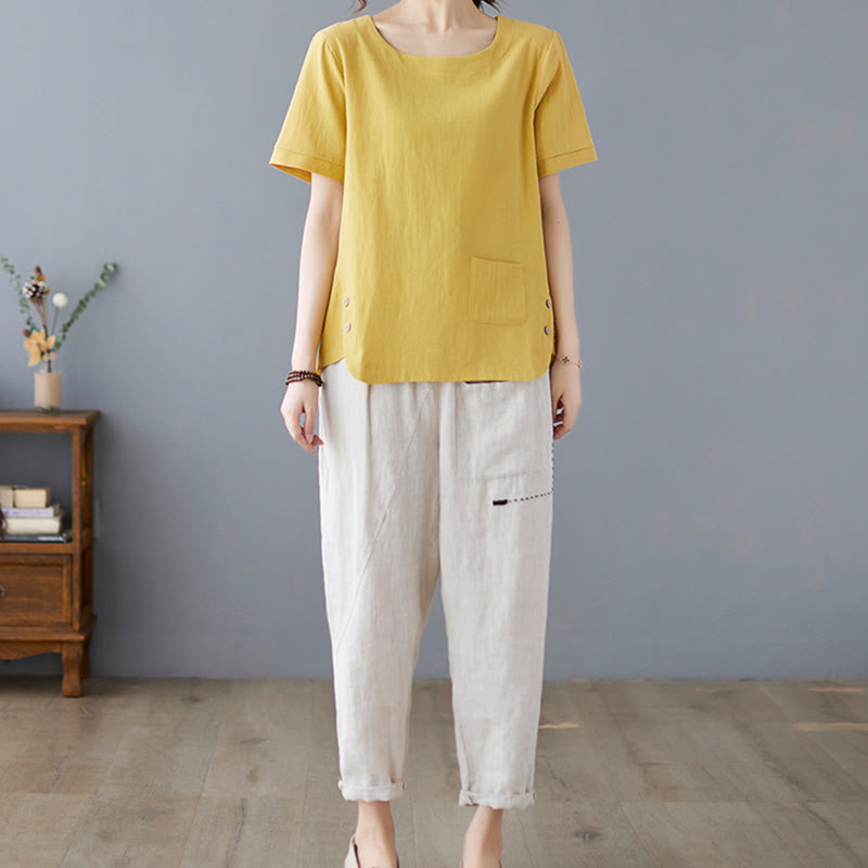 Buddha Stones Seitenschlitz-Design Damen-T-Shirt aus Baumwolle und Leinen mit Rundhalsausschnitt und kurzen Ärmeln und Tasche - image 4