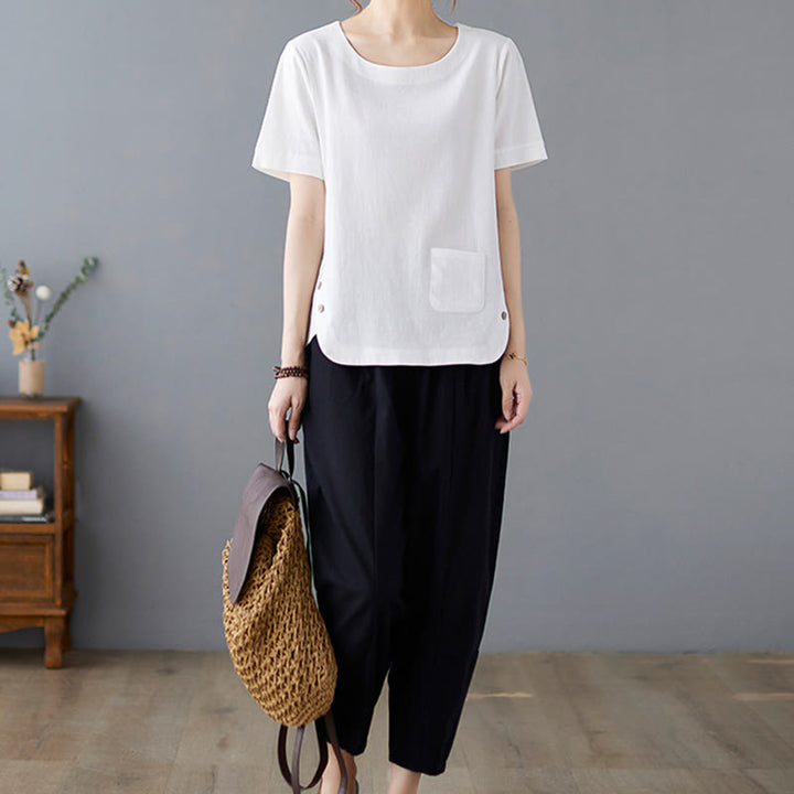 Buddha Stones Seitenschlitz-Design Damen-T-Shirt aus Baumwolle und Leinen mit Rundhalsausschnitt und kurzen Ärmeln und Tasche - image 17