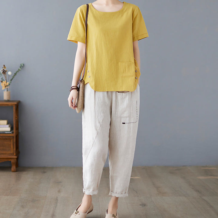 Damen-T-Shirt mit Buddha Stones -Motiv, Seitenschlitz, Rundhalsausschnitt, kurzen Ärmeln und Tasche aus Baumwoll-Polyester-Mischgewebe. - image 6
