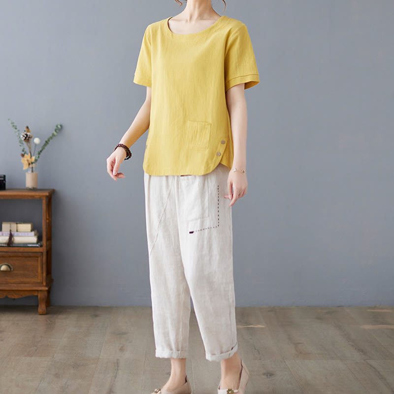 Buddha Stones Seitenschlitz-Design Damen-T-Shirt aus Baumwolle und Leinen mit Rundhalsausschnitt und kurzen Ärmeln und Tasche - image 5