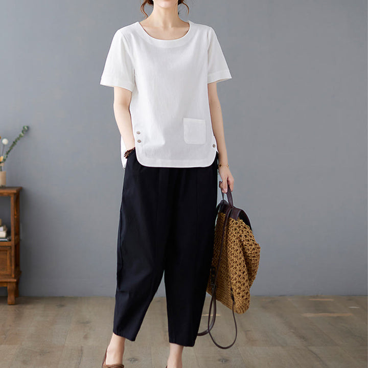 Buddha Stones Seitenschlitz-Design Damen-T-Shirt aus Baumwolle und Leinen mit Rundhalsausschnitt und kurzen Ärmeln und Tasche - image 18