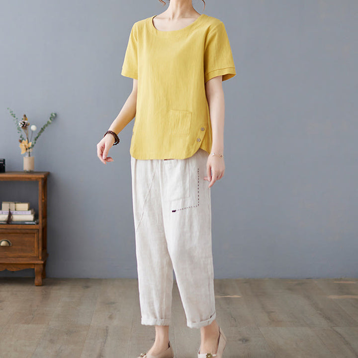 Damen-T-Shirt mit Buddha Stones -Motiv, Seitenschlitz, Rundhalsausschnitt, kurzen Ärmeln und Tasche aus Baumwoll-Polyester-Mischgewebe. - image 5