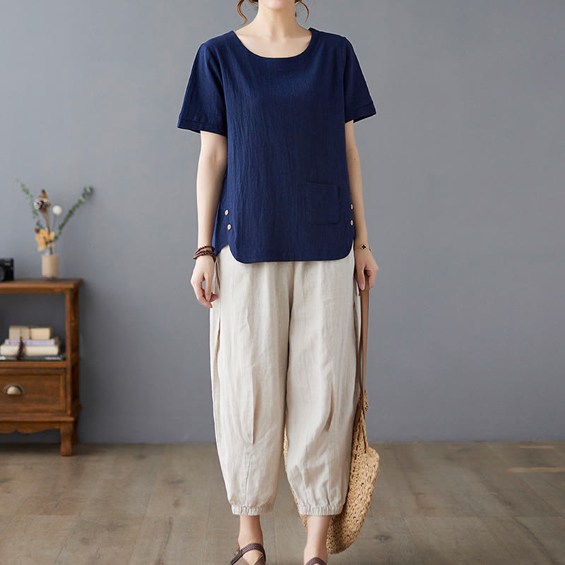 Buddha Stones Seitenschlitz-Design Damen-T-Shirt aus Baumwolle und Leinen mit Rundhalsausschnitt und kurzen Ärmeln und Tasche - image 24