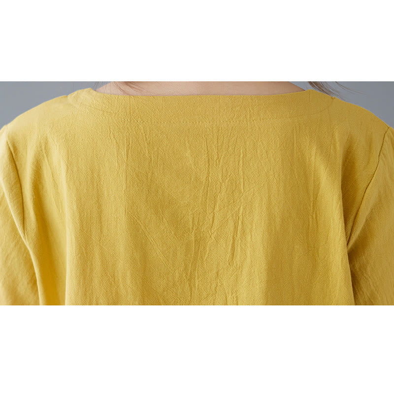 Buddha Stones Seitenschlitz-Design Damen-T-Shirt aus Baumwolle und Leinen mit Rundhalsausschnitt und kurzen Ärmeln und Tasche - image 9
