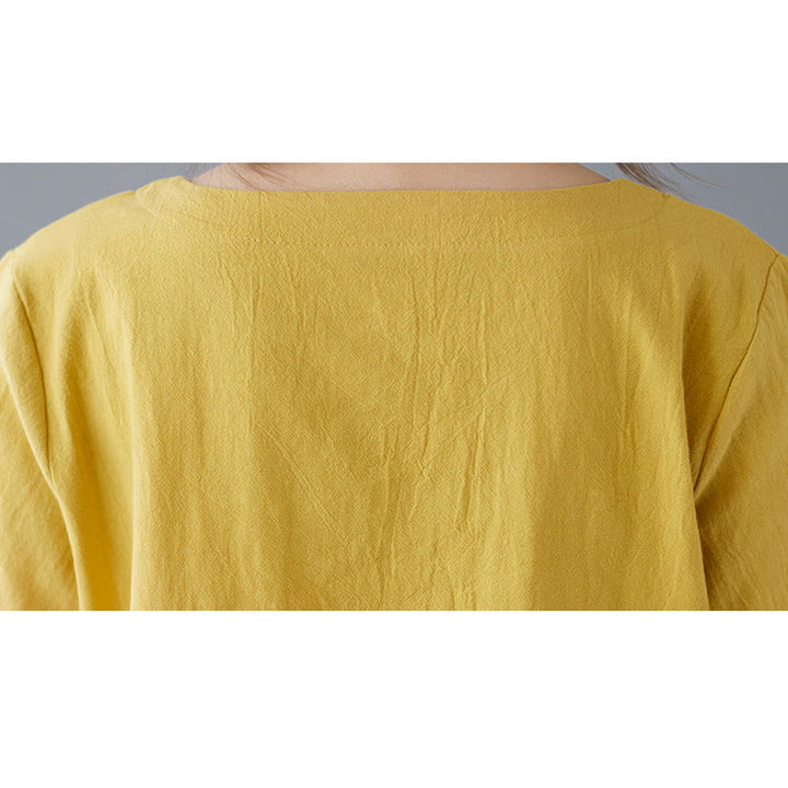 Buddha Stones Seitenschlitz-Design Damen-T-Shirt aus Baumwolle und Leinen mit Rundhalsausschnitt und kurzen Ärmeln und Tasche - image 9