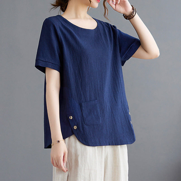 Damen-T-Shirt mit Buddha Stones -Motiv, Seitenschlitz, Rundhalsausschnitt, kurzen Ärmeln und Tasche aus Baumwoll-Polyester-Mischgewebe. - image 20