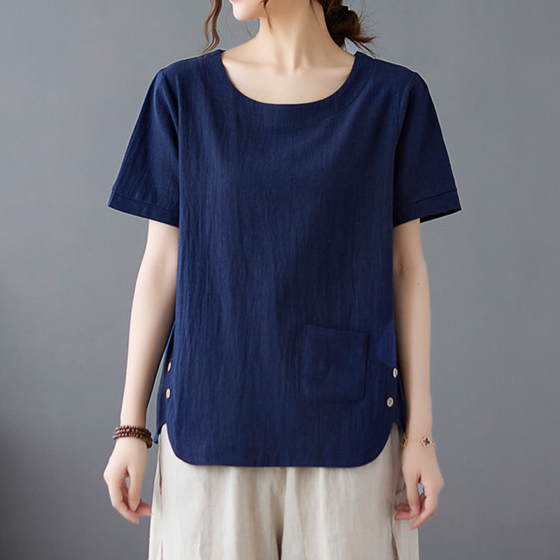 Damen-T-Shirt mit Buddha Stones -Motiv, Seitenschlitz, Rundhalsausschnitt, kurzen Ärmeln und Tasche aus Baumwoll-Polyester-Mischgewebe. - image 21