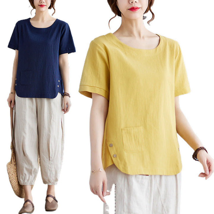 Buddha Stones Seitenschlitz-Design Damen-T-Shirt aus Baumwolle und Leinen mit Rundhalsausschnitt und kurzen Ärmeln und Tasche - image 13