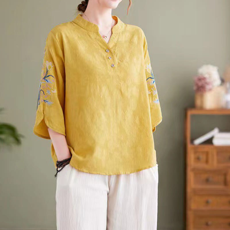 Buddha Stones Sommer Stickerei Blume Dreiviertelärmel Design Damen Baumwolle Leinen Reverskragen Hemd - Gold - US14， UK/AU18，EU46 (4XL) - image 14
