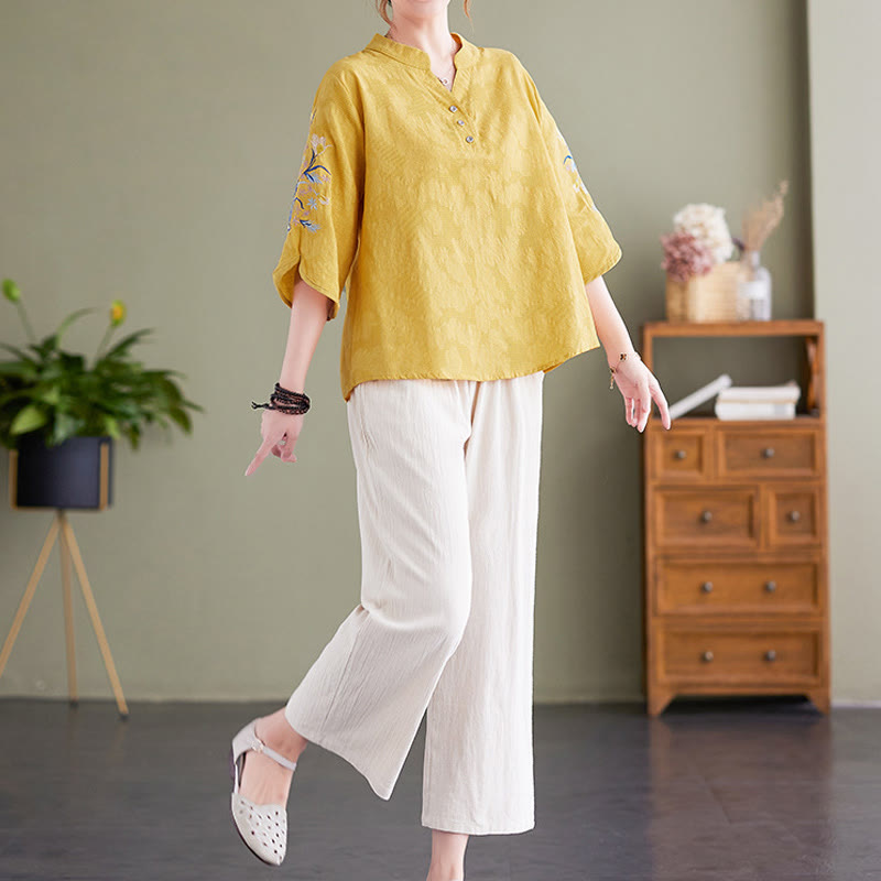 Buddha Stones Sommer Stickerei Blume Dreiviertelärmel Design Damen Baumwolle Leinen Reverskragen Hemd - image 17