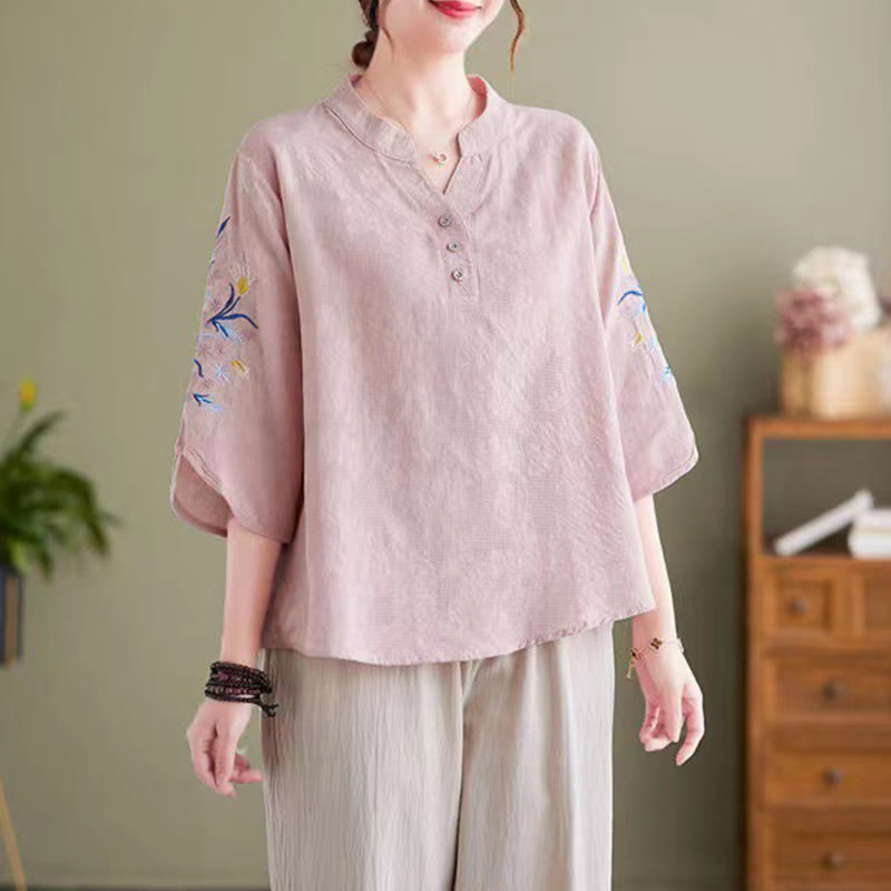 Buddha Stones Sommer Stickerei Blume Dreiviertelärmel Design Damen Baumwolle Leinen Reverskragen Hemd - Rosa - US14， UK/AU18，EU46 (4XL) - image 0