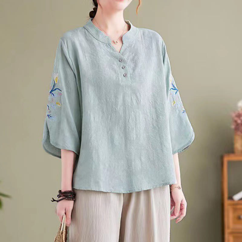Buddha Stones Sommer Stickerei Blume Dreiviertelärmel Design Damen Baumwolle Leinen Reverskragen Hemd - Blasstürkis - US14， UK/AU18，EU46 (4XL) - image 6