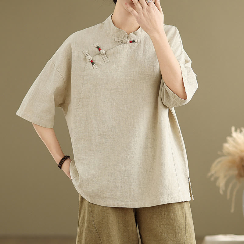 Buddha Stones Plain Chinese Frog-Button Stand Collar Design Damen Baumwoll-Leinen Halbarmhemd - ZitroneChiffon - US8-10， UK/AU12-14，EU40-42 (2XL) - image 0