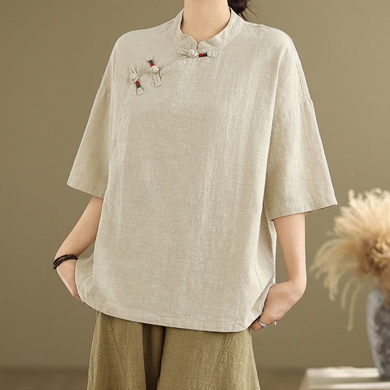 Buddha Stones Plain Chinese Frog-Button Stand Collar Design Damen Baumwoll-Leinen Halbarmhemd - image 1