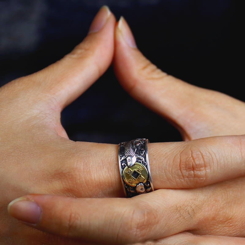 Buddha Stones, verstellbare Öffnung, 925er Sterlingsilber, Glücksbringer, Koi-Fisch, Kupfermünze, glückverheißende Wolken, Reichtumsring