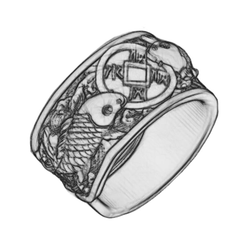 Buddha Stones, verstellbare Öffnung, 925er Sterlingsilber, Glücksbringer, Koi-Fisch, Kupfermünze, glückverheißende Wolken, Reichtumsring