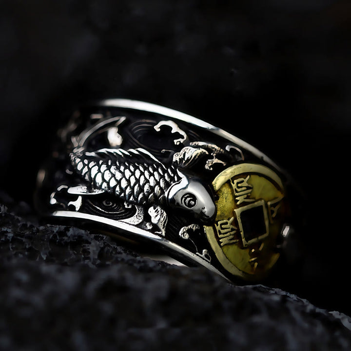 Buddha Stones, verstellbare Öffnung, 925er Sterlingsilber, Glücksbringer, Koi-Fisch, Kupfermünze, glückverheißende Wolken, Reichtumsring