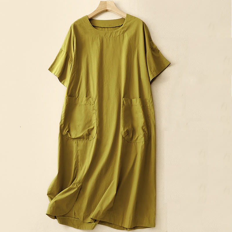 Buddha Stones Sommer-Midikleid mit schlichtem Rundhalsausschnitt und kurzen Ärmeln und Taschen - GelbGrün - US8-10， UK/AU12-14，EU40-42 (2XL) - image 15