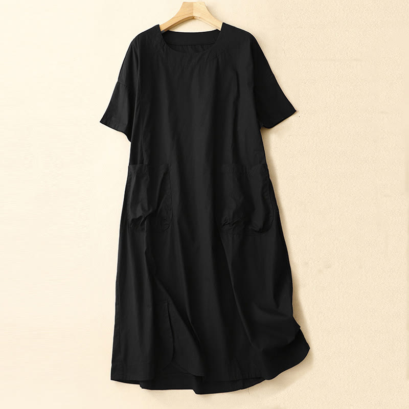 Buddha Stones Sommer-Midikleid mit schlichtem Rundhalsausschnitt und kurzen Ärmeln und Taschen - Schwarz - US8-10， UK/AU12-14，EU40-42 (2XL) - image 7