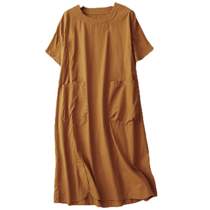 Buddha Stones Sommer-Midikleid mit schlichtem Rundhalsausschnitt und kurzen Ärmeln und Taschen - image 6