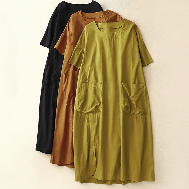 Buddha Stones Sommer-Midikleid mit schlichtem Rundhalsausschnitt und kurzen Ärmeln und Taschen - image 25