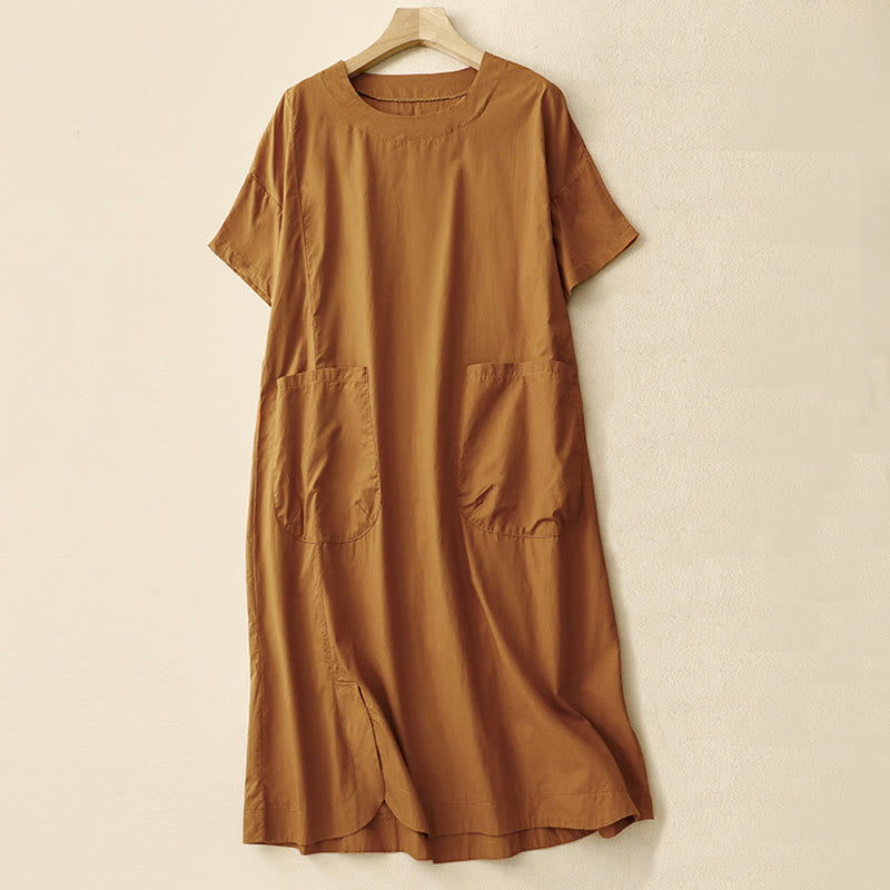 Buddha Stones Sommer-Midikleid mit schlichtem Rundhalsausschnitt und kurzen Ärmeln und Taschen - Schokolade - US8-10， UK/AU12-14，EU40-42 (2XL) - image 0