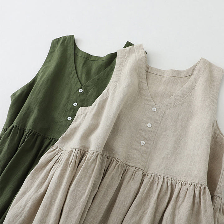 Buddha Stones Tägliches, lässiges, einfarbiges, V-Ausschnitt-Midikleid mit schlichtem Knopfdesign und ärmellosem Schnitt - image 18