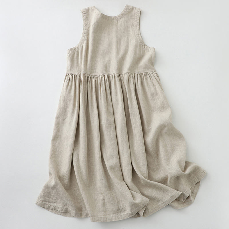 Buddha Stones Tägliches, lässiges, einfarbiges, V-Ausschnitt-Midikleid mit schlichtem Knopfdesign und ärmellosem Schnitt - image 1