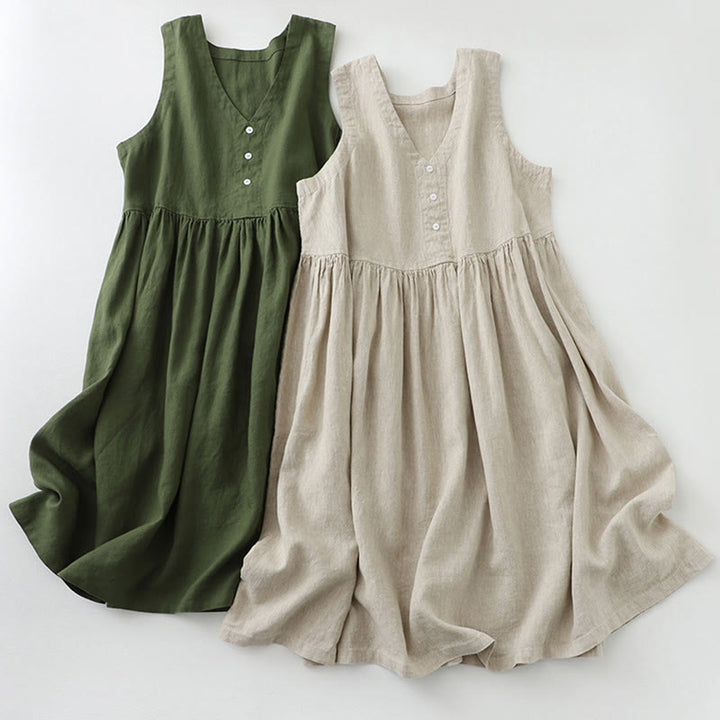 Buddha Stones Tägliches, lässiges, einfarbiges, V-Ausschnitt-Midikleid mit schlichtem Knopfdesign und ärmellosem Schnitt - image 17