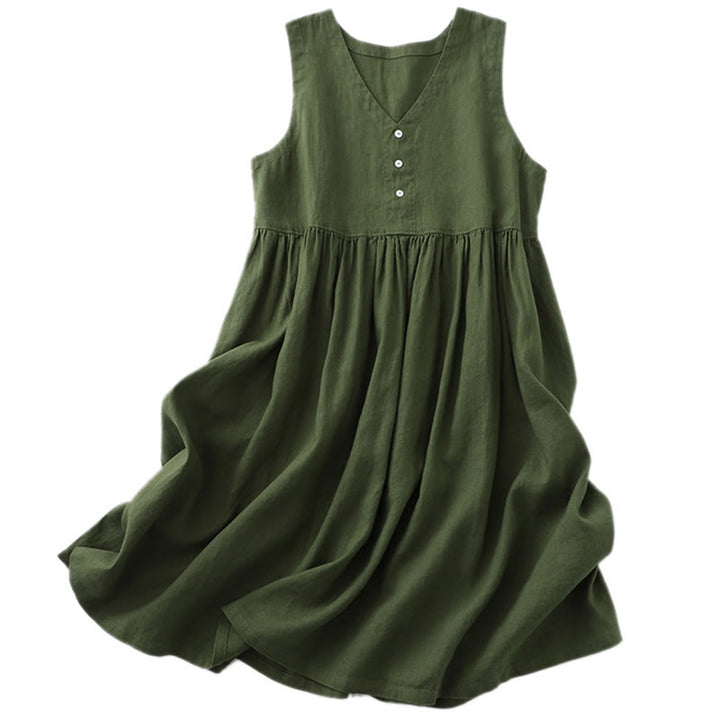Buddha Stones Tägliches, lässiges, einfarbiges, V-Ausschnitt-Midikleid mit schlichtem Knopfdesign und ärmellosem Schnitt - image 16