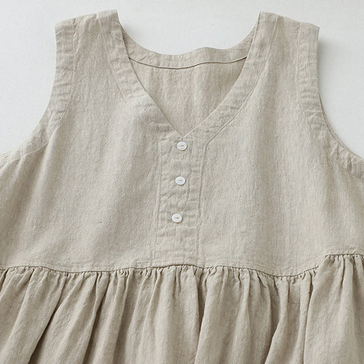 Buddha Stones Tägliches, lässiges, einfarbiges, V-Ausschnitt-Midikleid mit schlichtem Knopfdesign und ärmellosem Schnitt - image 2