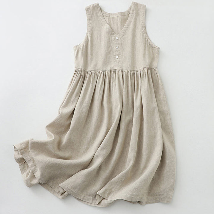 Buddha Stones Tägliches, lässiges, einfarbiges, V-Ausschnitt-Midikleid mit schlichtem Knopfdesign und ärmellosem Schnitt - Leinen - US14, UK/AU18, EU46 (2XL) - image 0